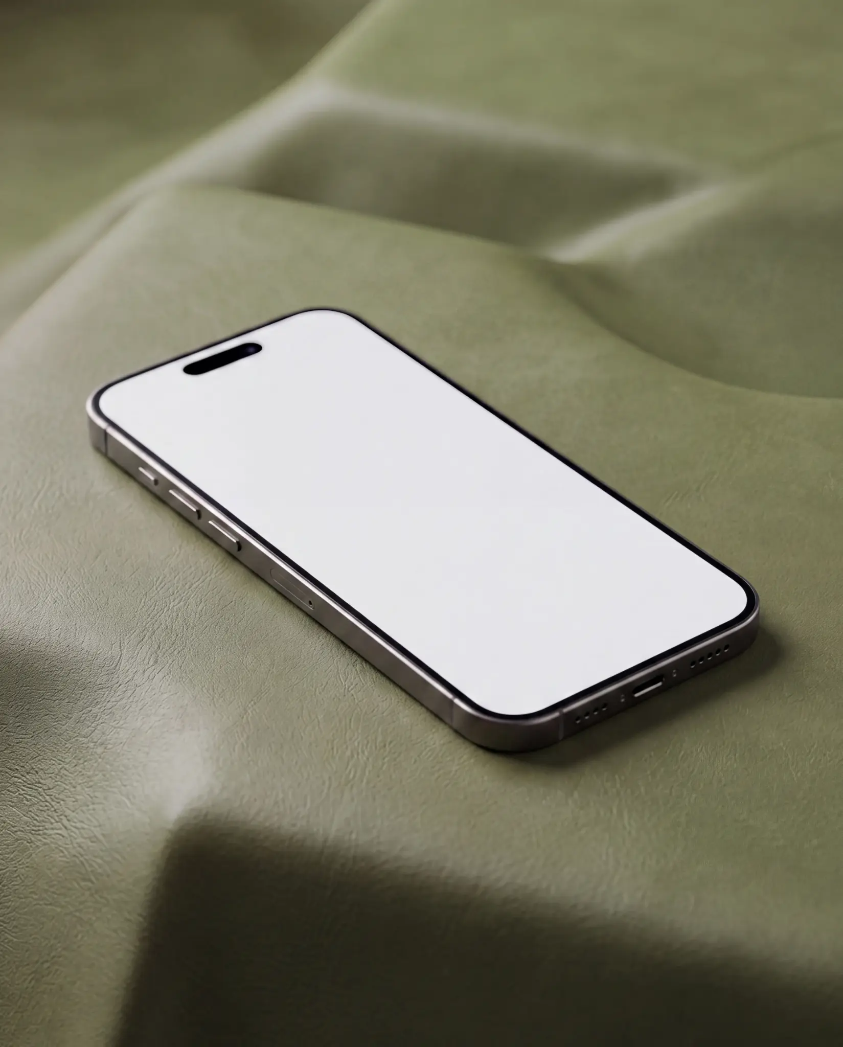 Realistic iPhone screen mockup on olive-green leather fabric Modern black iPhone lying diagonally on softly folded olive-green leather fabric with an editable vertical screen, visible titanium frame and Dynamic Island